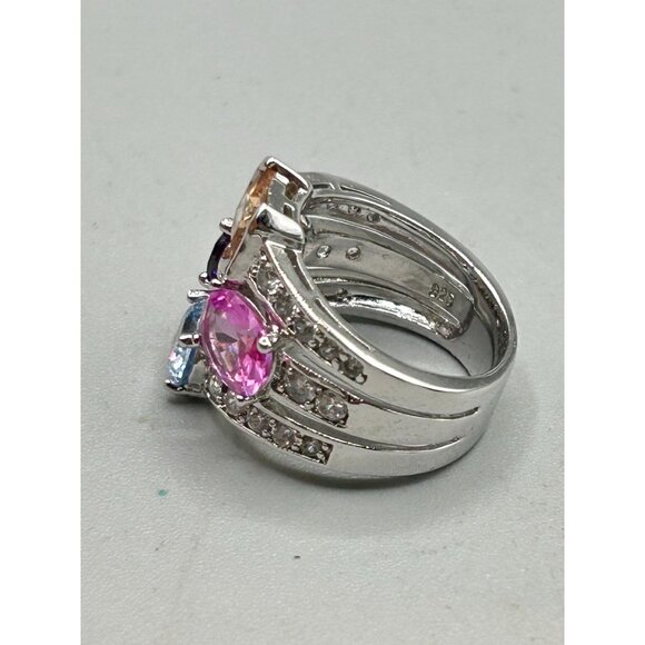 Colorful Cocktail Ring Size 7.5 Silver Tone & Glass Stones Pink Purple Tones - Picture 6 of 10
